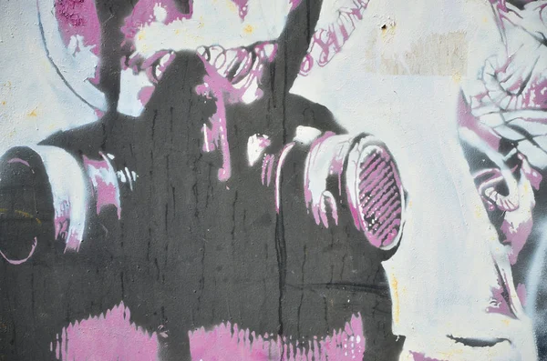 Старая Стена Окрашенная Цветные Граффити Аэрозольными Красками Изображение Противогаза Стиле — стоковое фото