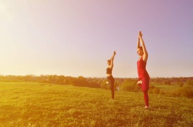 İki genç sarışın kız spor pratik yoga açık havada pitoresk bir yeşil tepenin üzerinde akşam uygun. Spor egzersiz ve sağlıklı yaşam kavramı