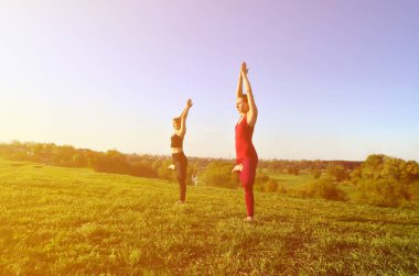İki genç sarışın kız spor pratik yoga açık havada pitoresk bir yeşil tepenin üzerinde akşam uygun. Spor egzersiz ve sağlıklı yaşam kavramı