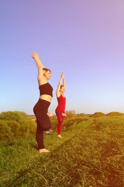 İki genç sarışın kız spor pratik yoga açık havada pitoresk bir yeşil tepenin üzerinde akşam uygun. Spor egzersiz ve sağlıklı yaşam kavramı