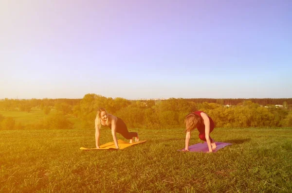 Zwei Junge Blonde Mädchen Sportanzügen Praktizieren Abends Yoga Auf Einem — Stockfoto