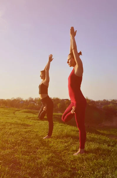 Zwei Junge Blonde Mädchen Sportanzügen Praktizieren Abends Yoga Auf Einem — Stockfoto