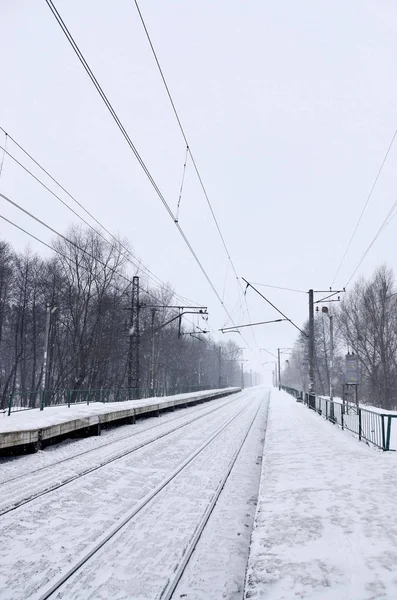 Railway Landscape Cold Winter Season Snow Covered Railway Station Platform — Stock Photo, Image