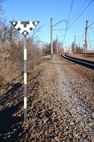 Railway Landscape Railroad Sign Sunny Railway Background Brightly Blue Sky — Stock Photo, Image