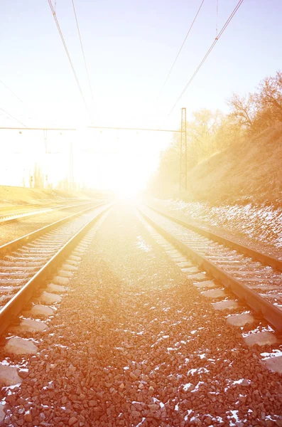 Landscape Snowy Russian Winter Railway Bright Sunlight Rails Sleepers December — Stock Photo, Image