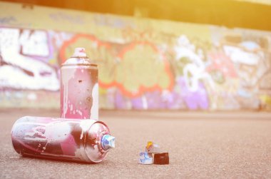 Pembe ve beyaz boya ve baskı altında boya püskürtme için kapaklar ile çeşitli kullanılan sprey kutular renkli grafiti çizimler boyalı duvarın yanında asfalt üzerinde yalan olduğunu