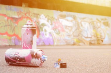 Pembe ve beyaz boya ve baskı altında boya püskürtme için kapaklar ile çeşitli kullanılan sprey kutular renkli grafiti çizimler boyalı duvarın yanında asfalt üzerinde yalan olduğunu