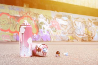 Pembe ve beyaz boya ve baskı altında boya püskürtme için kapaklar ile çeşitli kullanılan sprey kutular renkli grafiti çizimler boyalı duvarın yanında asfalt üzerinde yalan olduğunu