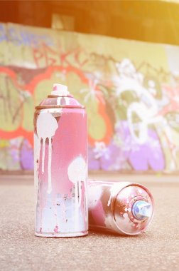 Pembe ve beyaz boya ve baskı altında boya püskürtme için kapaklar ile çeşitli kullanılan sprey kutular renkli grafiti çizimler boyalı duvarın yanında asfalt üzerinde yalan olduğunu