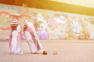 Pembe ve beyaz boya ve baskı altında boya püskürtme için kapaklar ile çeşitli kullanılan sprey kutular renkli grafiti çizimler boyalı duvarın yanında asfalt üzerinde yalan olduğunu