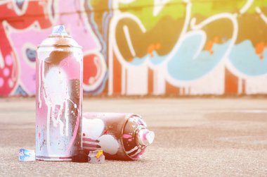 Pembe ve beyaz boya ve baskı altında boya püskürtme için kapaklar ile çeşitli kullanılan sprey kutular renkli grafiti çizimler boyalı duvarın yanında asfalt üzerinde yalan olduğunu
