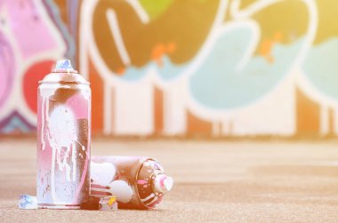 Pembe ve beyaz boya ve baskı altında boya püskürtme için kapaklar ile çeşitli kullanılan sprey kutular renkli grafiti çizimler boyalı duvarın yanında asfalt üzerinde yalan olduğunu