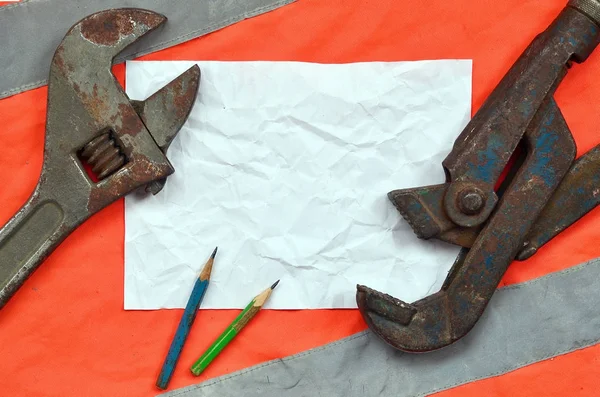 Adjustable Wrenches Sheet Paper Two Pencils Still Life Associated Repair — Stock Photo, Image