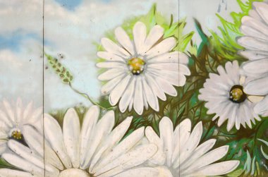 Arka plan doku duvar grafiti boya ile. Bulutlu gökyüzü mavi ve beyaz çiçekler