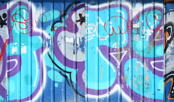 Vieja Pared Pintada Color Graffiti Dibuja Pinturas Aerosol Azul Imagen —  Fotos de Stock