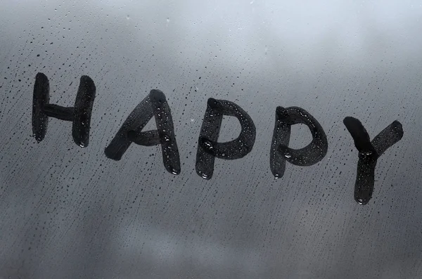 Angielskie Słowo Happy Jest Napisany Palcem Powierzchnię Szkła Misted — Zdjęcie stockowe