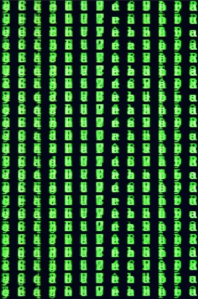 Macro shot of a glitch on the monitor of an office computer. The concept of introducing a virus into a personal data keeper. Stream of random green symbols on a black background
