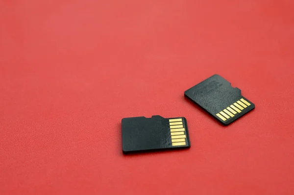 Dois Pequenos Cartões Memória Micro Estão Fundo Vermelho Pequeno Compacto — Fotografia de Stock