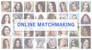 Online çöpçatanlık. Başlık metin kolaj birçok kare kadın portre bir arka plan üzerinde tasvir edilmiştir. Dating hizmet kavramı
