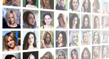 Sosyal medya ağı için genç beyaz kız grup portre kolaj. Beyaz bir arka plan üzerinde izole kare kadın avatar kümesi