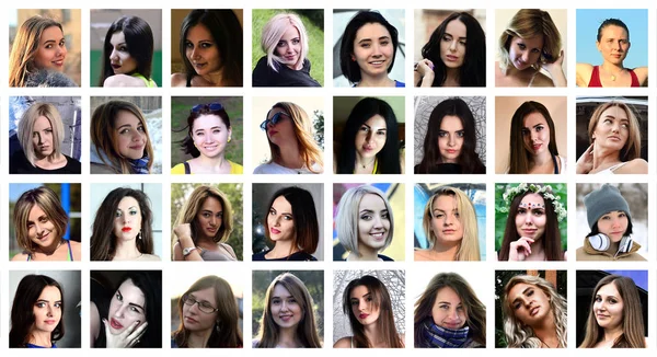 Kollázs Csoport Portrék Szociális Média Hálózat Fiatal Kaukázusi Lányok Készlet — Stock Fotó