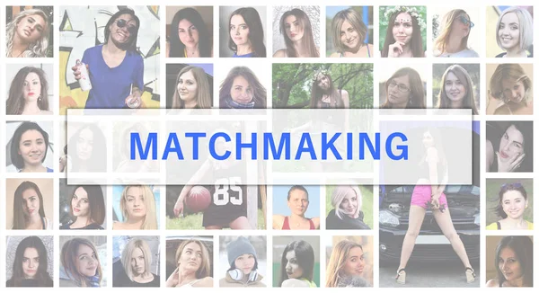 Matchmaking Titeltekst Afgebeeld Achtergrond Van Een Collage Van Vele Vierkante — Stockfoto