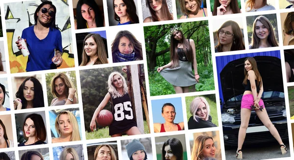 社会的なメディア ネットワークの若い白人の女の子のグループの肖像画をコラージュします 白い背景に分離されたラウンドの女性写真のセット — ストック写真
