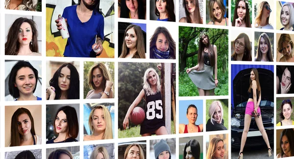 Portraits Groupes Collage Jeunes Filles Caucasiennes Pour Les Réseaux Sociaux — Photo