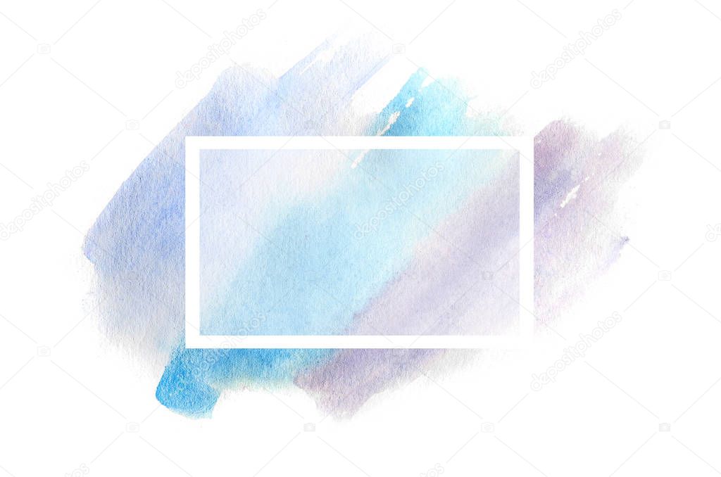 Abstract background illustration in the form of three watercolor strokes, executed in cold blue and purple tones with a square frame for text