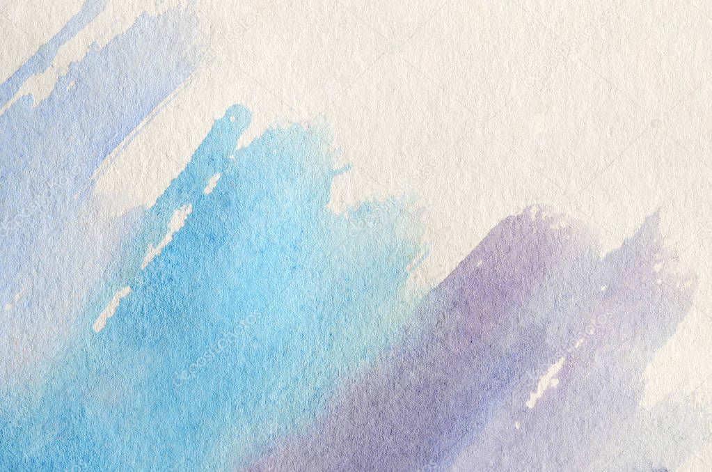 Abstract background illustration in the form of three watercolor strokes performed in cold blue and violet tones