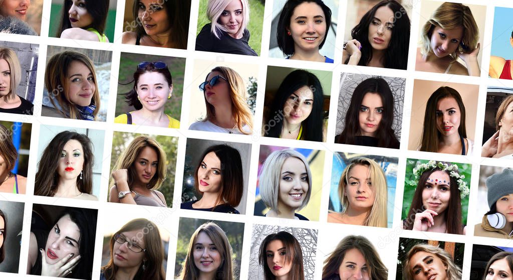 Collage group portraits of young caucasian girls for social media network. Set of square female avatar isolated on a white background