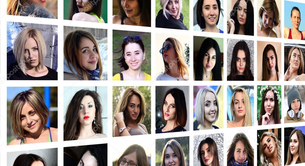 Collage group portraits of young caucasian girls for social media network. Set of square female avatar isolated on a white background