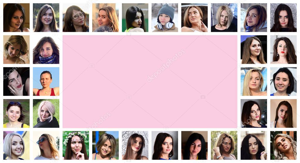 Collage group portraits of young caucasian girls for social media network. Set of round female pics isolated on a white background with copy space