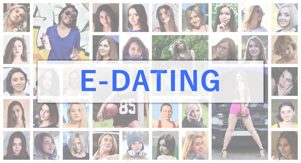 E-dating. The title text is depicted on the background of a coll