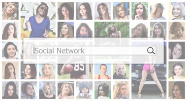 Social network. The text is displayed in the search box on the background of a collage of many square female portraits. The concept of service for dating clipart
