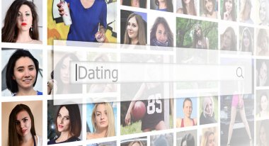 Dating. Metin kolaj birçok kare kadın portre bir arka plan üzerinde arama kutusu görüntülenir. Dating hizmet kavramı