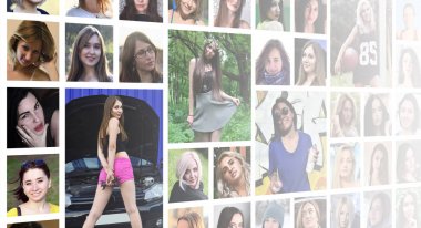 Sosyal medya ağı için genç beyaz kız grup portre kolaj. Beyaz bir arka plan üzerinde izole yuvarlak kadın pics kümesi