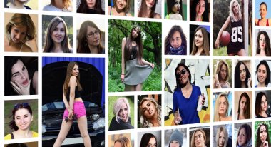 Sosyal medya ağı için genç beyaz kız grup portre kolaj. Beyaz bir arka plan üzerinde izole yuvarlak kadın pics kümesi