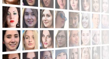 Sosyal medya ağı için genç beyaz kız grup portre kolaj. Beyaz bir arka plan üzerinde izole kare kadın avatar kümesi
