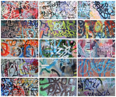 A set of many small fragments of tagged walls. Graffiti vandalism abstract background collage clipart