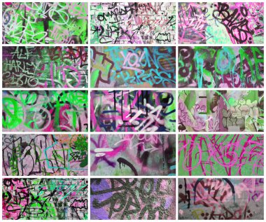 A set of many small fragments of tagged walls. Graffiti vandalism abstract background collage clipart