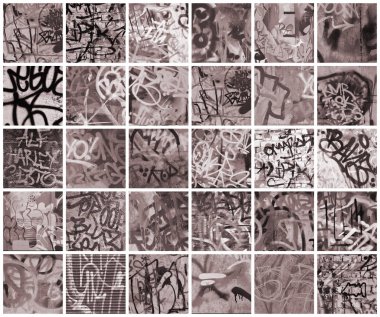 A set of many small fragments of tagged walls. Graffiti vandalism abstract background collage in vintage tones clipart