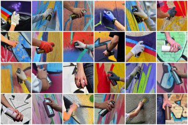 El boya ile birçok küçük fotoğraf bir dizi grafiti çizim sürecinde kutular. Sokak sanatı arka plan kolaj