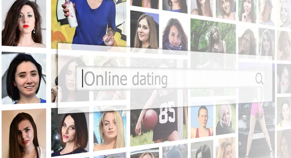 网上约会 文本显示在搜索框的背景下 一个多正方形的女性肖像拼贴 约会服务概念 — 图库照片