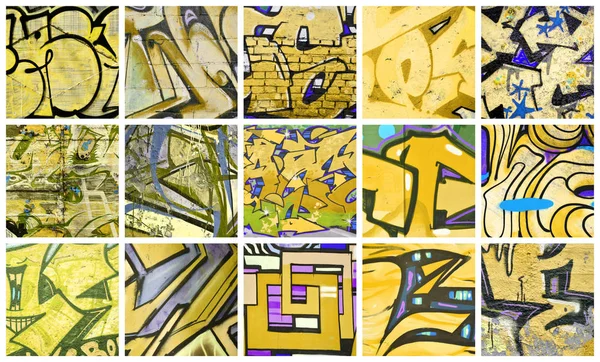 Uppsättning Många Små Fragment Graffiti Ritningar Gatukonst Abstrakt Bakgrund Collage — Stockfoto
