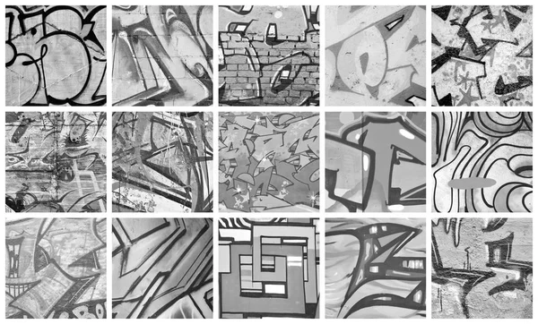 Set Many Small Fragments Tagged Walls Graffiti Vandalism Abstract Background — Stock Photo, Image