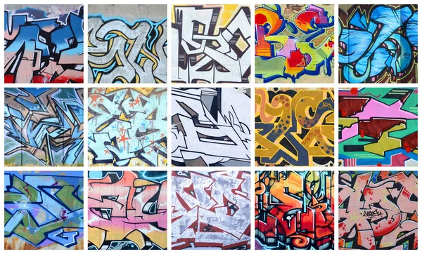 Zestaw Wielu Małych Fragmentów Rysunków Graffiti Kolaż Streszczenie Sztuka Ulicy — Zdjęcie stockowe