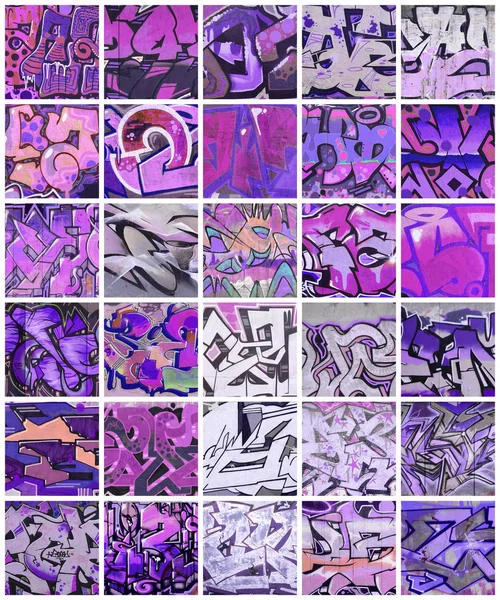 A set of many small fragments of graffiti drawings. Street art abstract background collage in violet colors
