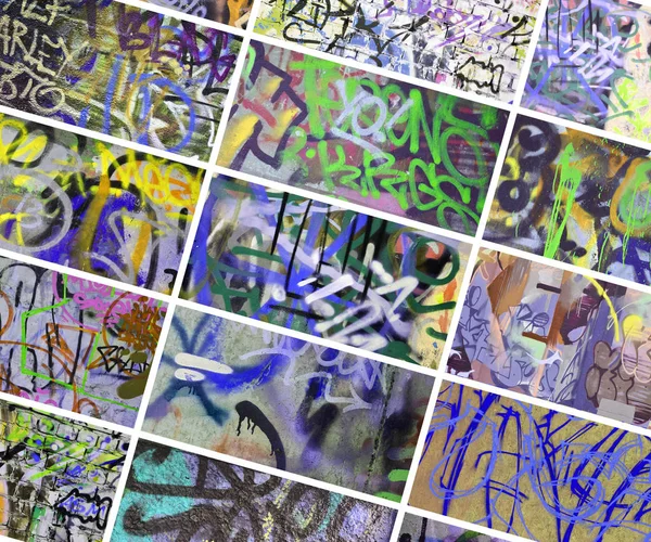 Zestaw wielu małych fragmentów ścian oznaczone. Graffiti vandalis — Zdjęcie stockowe