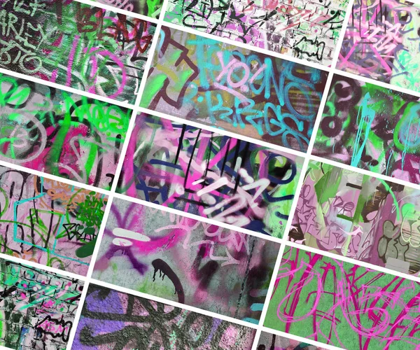 Zestaw Wielu Małych Fragmentów Ścian Oznaczone Graffiti Wandalizmu Tło Abstrakcja — Zdjęcie stockowe